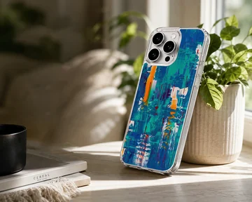 Dynamic abstract art design with vibrant blue and orange colors on phone case — Lifestyle
