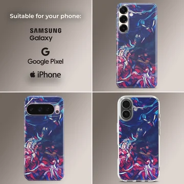 Abstract art design with vibrant blue, red, and purple colors on a phone case — Collage