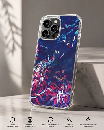 Abstract art design with vibrant blue, red, and purple colors on a phone case — Specs