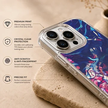Abstract art design with vibrant blue, red, and purple colors on a phone case — Info