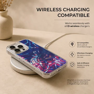 Abstract art design with vibrant blue, red, and purple colors on a phone case — Charging