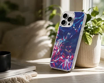 Abstract art design with vibrant blue, red, and purple colors on a phone case — Lifestyle