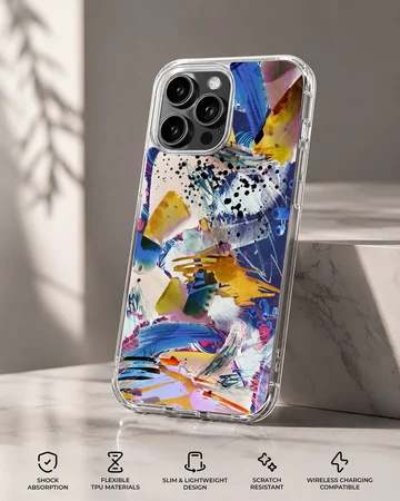 Dynamic abstract artwork with bold colors on phone case — Specs