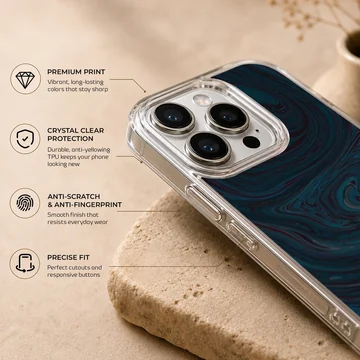 Abstract swirling pattern in blue and black on phone case — Info