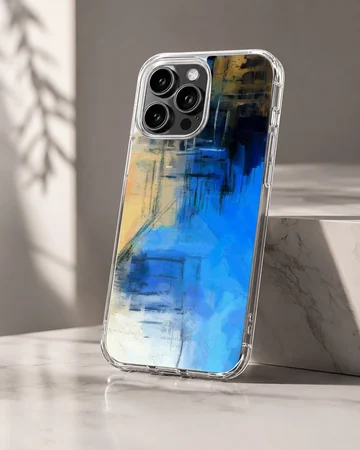 Abstract art with vibrant blue, black, and yellow hues on phone case — Hero