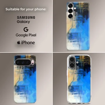 Abstract art with vibrant blue, black, and yellow hues on phone case — Collage