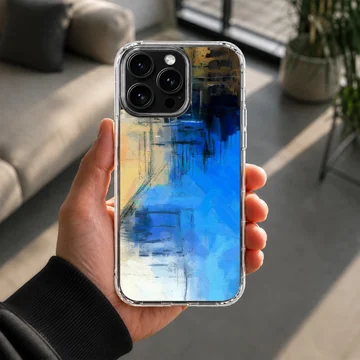 Abstract art with vibrant blue, black, and yellow hues on phone case — Lifestyle