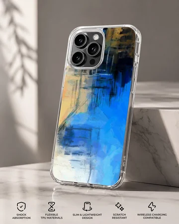 Abstract art with vibrant blue, black, and yellow hues on phone case — Specs