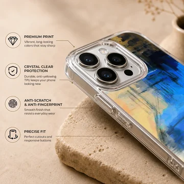 Abstract art with vibrant blue, black, and yellow hues on phone case — Info