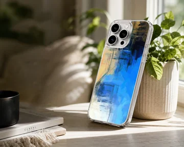 Abstract art with vibrant blue, black, and yellow hues on phone case — Lifestyle