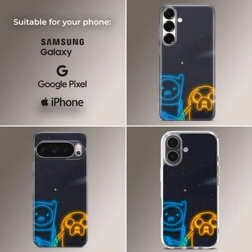 Adventure Time themed phone case with cartoon characters under a starry sky — Collage