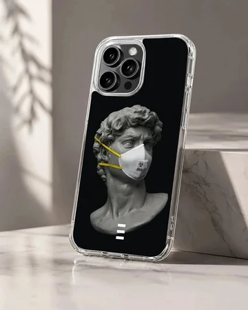 Phone case featuring a masked statue on a black background.