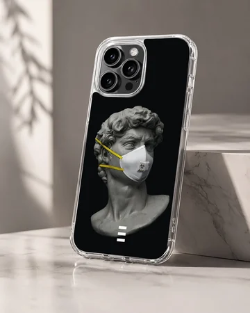 Phone case featuring a masked statue on a black background. — Hero