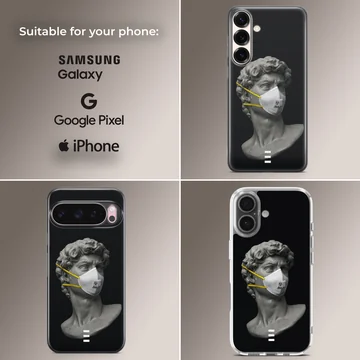 Phone case featuring a masked statue on a black background. — Collage
