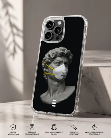 Phone case featuring a masked statue on a black background. — Specs