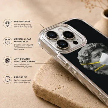 Phone case featuring a masked statue on a black background. — Info