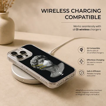 Phone case featuring a masked statue on a black background. — Charging