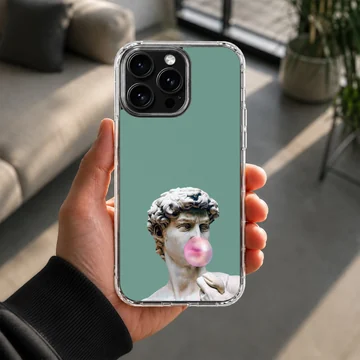 Aesthetic abstract art featuring a statue with bubblegum on phone case — Lifestyle