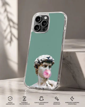 Aesthetic abstract art featuring a statue with bubblegum on phone case — Specs