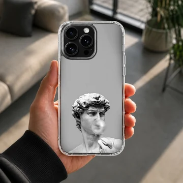 White statue with bubble gum on aesthetic abstract art phone case — Lifestyle