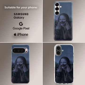 Aesthetic abstract artwork featuring a stylized portrait on phone case — Collage