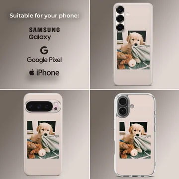 Aesthetic Dog phone case featuring a cute puppy and plush toy with a soft TPU snap case. — Collage