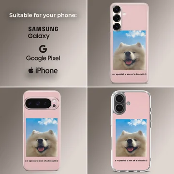 Aesthetic dog design with a fluffy white dog on a phone case — Collage