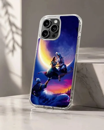 Aladdin cartoon characters on a flying carpet under a moonlit sky phone case