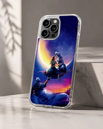 Aladdin cartoon characters on a flying carpet under a moonlit sky phone case — Hero