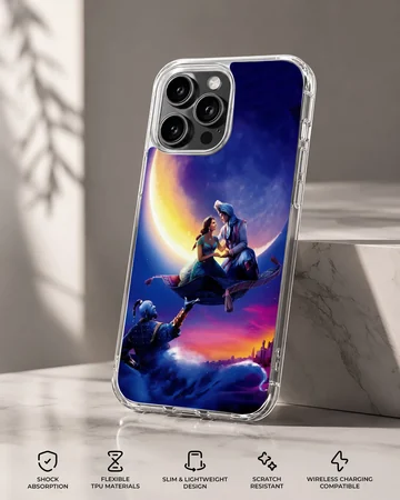 Aladdin cartoon characters on a flying carpet under a moonlit sky phone case — Specs