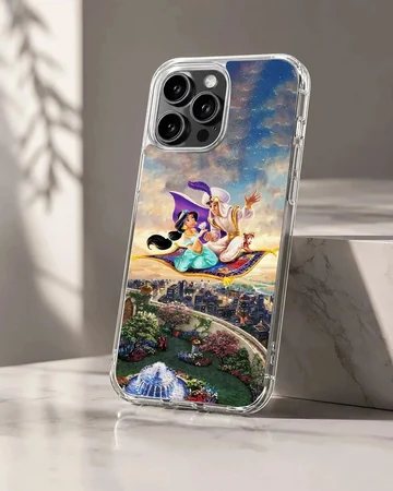 A magical depiction of Aladdin and characters soaring on a flying carpet in the sky, phone case.