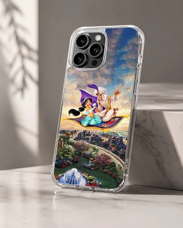 A magical depiction of Aladdin and characters soaring on a flying carpet in the sky, phone case. — Hero