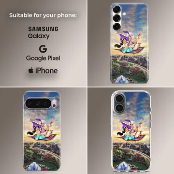 A magical depiction of Aladdin and characters soaring on a flying carpet in the sky, phone case. — Collage