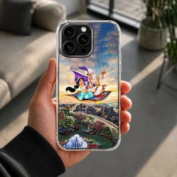A magical depiction of Aladdin and characters soaring on a flying carpet in the sky, phone case. — Lifestyle