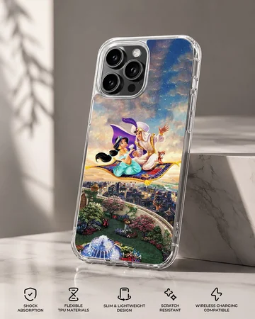 A magical depiction of Aladdin and characters soaring on a flying carpet in the sky, phone case. — Specs