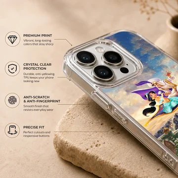 A magical depiction of Aladdin and characters soaring on a flying carpet in the sky, phone case. — Info