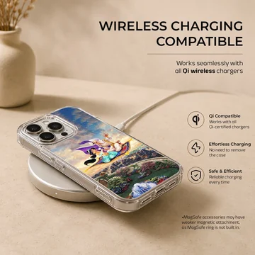 A magical depiction of Aladdin and characters soaring on a flying carpet in the sky, phone case. — Charging
