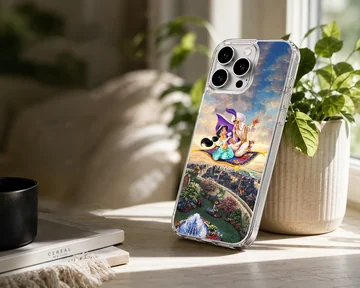 A magical depiction of Aladdin and characters soaring on a flying carpet in the sky, phone case. — Lifestyle