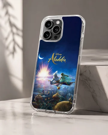 Aladdin and Genie flying over a city at night phone case — Hero
