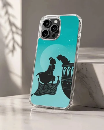 Aladdin and Jasmine silhouette under a moonlit sky on phone case