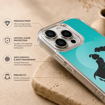 Aladdin and Jasmine silhouette under a moonlit sky on phone case — Info