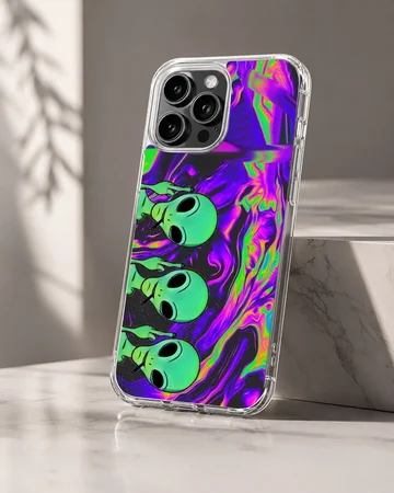 Cosmic alien cartoon design with vibrant swirls on a phone case — Hero