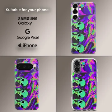 Cosmic alien cartoon design with vibrant swirls on a phone case — Collage