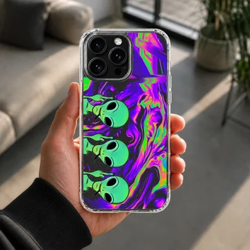 Cosmic alien cartoon design with vibrant swirls on a phone case — Lifestyle