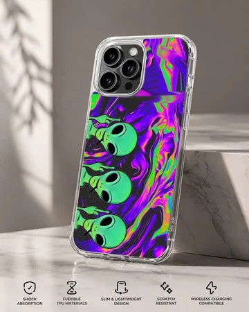 Cosmic alien cartoon design with vibrant swirls on a phone case — Specs