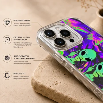 Cosmic alien cartoon design with vibrant swirls on a phone case — Info