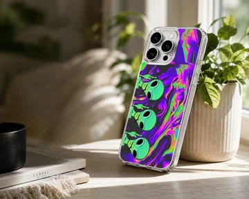 Cosmic alien cartoon design with vibrant swirls on a phone case — Lifestyle
