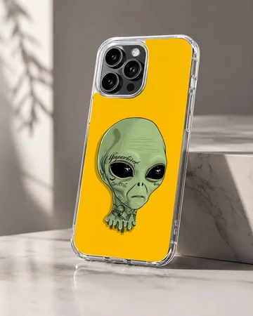 Alien cartoon character with green skin on yellow backdrop phone case — Hero