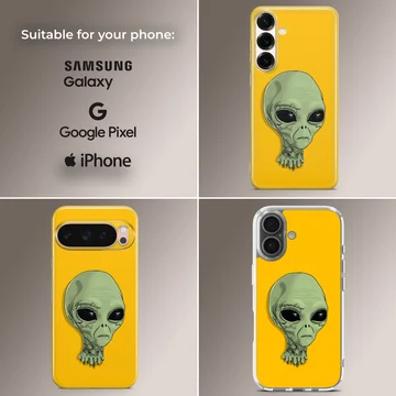 Alien cartoon character with green skin on yellow backdrop phone case — Collage