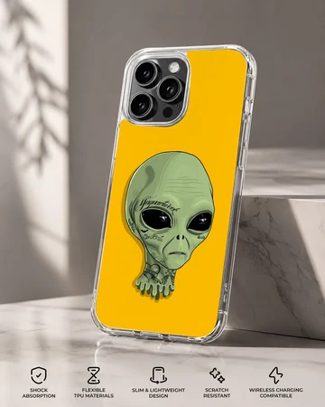 Alien cartoon character with green skin on yellow backdrop phone case — Specs